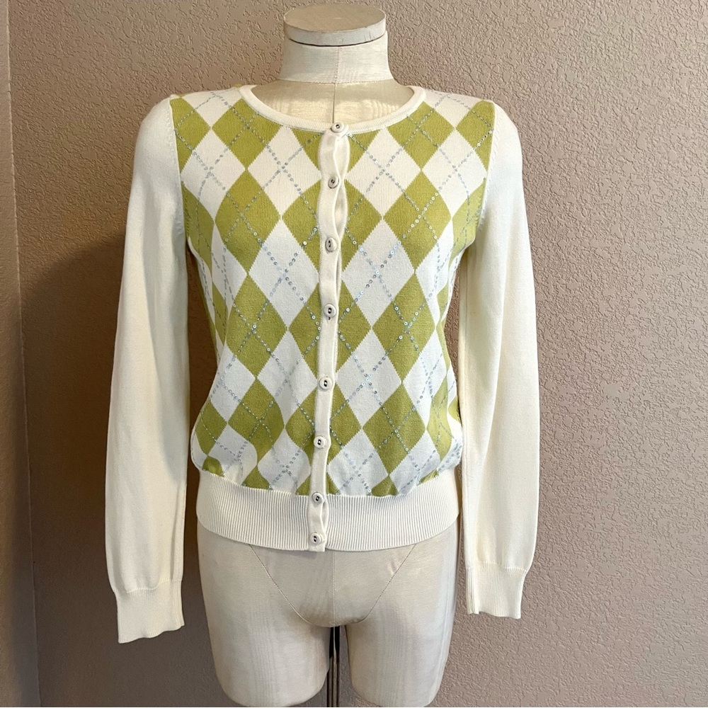 Talbots Petites argyle cream/green cardigan
